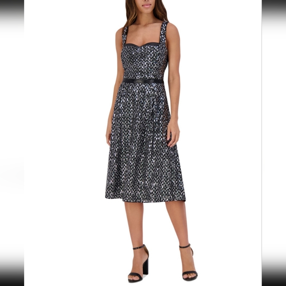 Kensie Sequin- Mesh Matte Satin Midi Dress